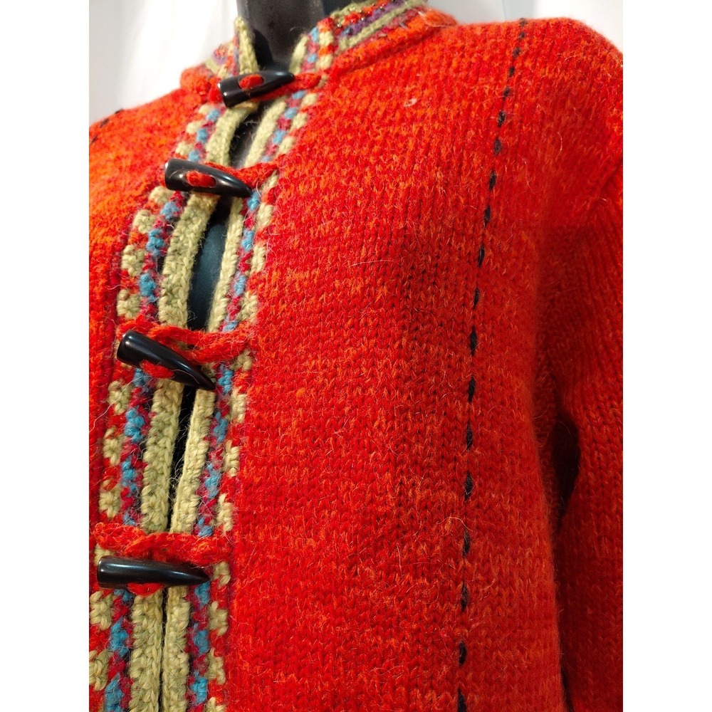 EUC Icelandic Designs Toggle Knit Crochet Cardigan Sweater Alpaca Wool  M Orange - Picture 2 of 12